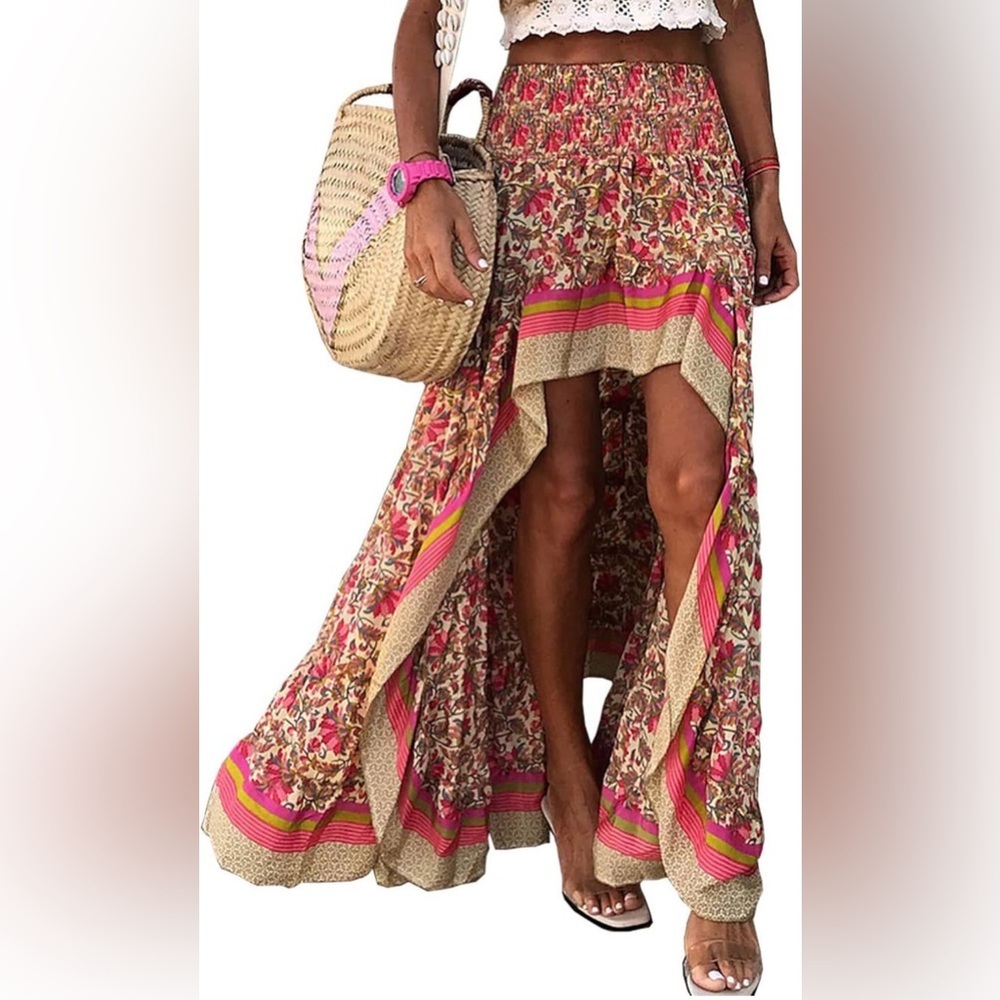 🆕Boho Floral Elastic Waist Split Ruffle High Low Beach Maxi Skirt